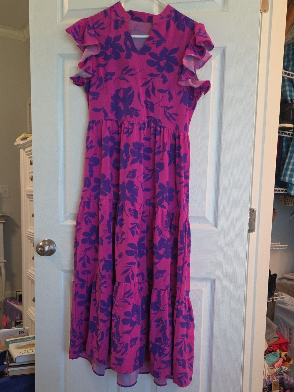 Purple Floral Ruffle Sleeve Maxi Dress - Pink & Purple